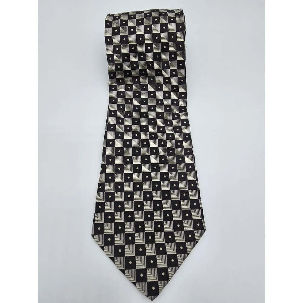 Vintage Nautica Men's Black Tan Gray Silk Geometric Tie Necktie 57